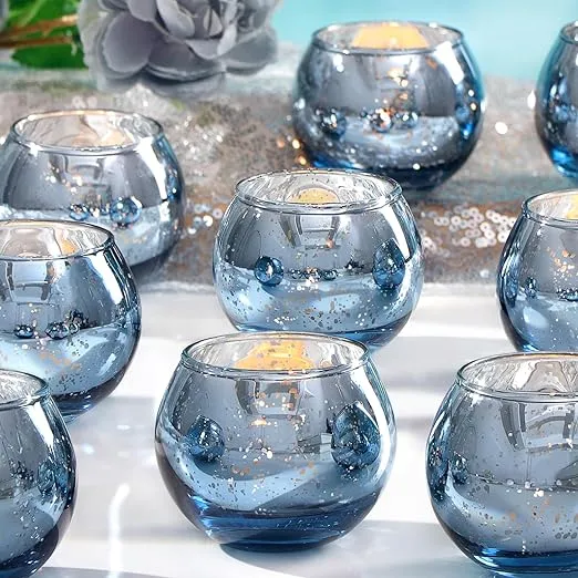  24 Pcs Votive Candle Holders Bulk- Mercury Votives Tealight Candle Glass Blue