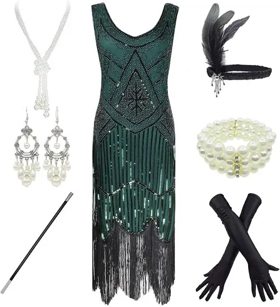 1920s Gatsby Sequin Fringed Paisley Flapper Dress with 20s Accessories Set