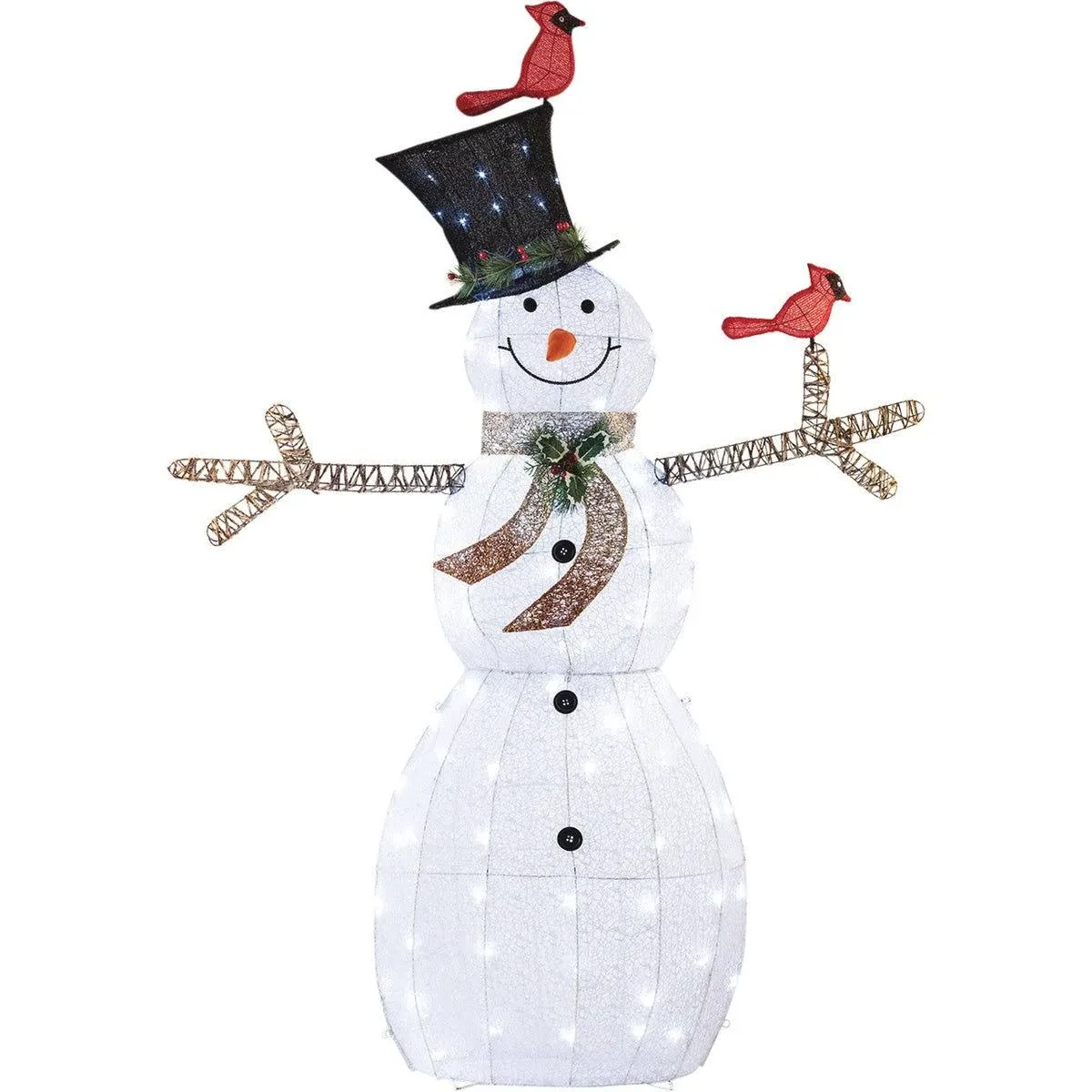 Alpine Corporation CHT892 Mesh Snowman Décor with Red Birds and Cool White LED Lights, Small