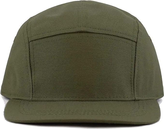 The Hat Depot Made in USA Cotton Twill 5 Panel Flat Brim Genuine Leather Brass Biker Board Cap