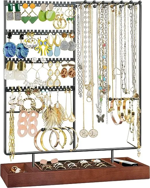 ProCase Jewelry Holder Organizer Earring Organizer Earrings Holder Stand, 6 Tiers Necklace Rack Jewellery Tower Bracelets Holder Storage Tree with Removable Wooden Ring Tray for Women Girls -Black