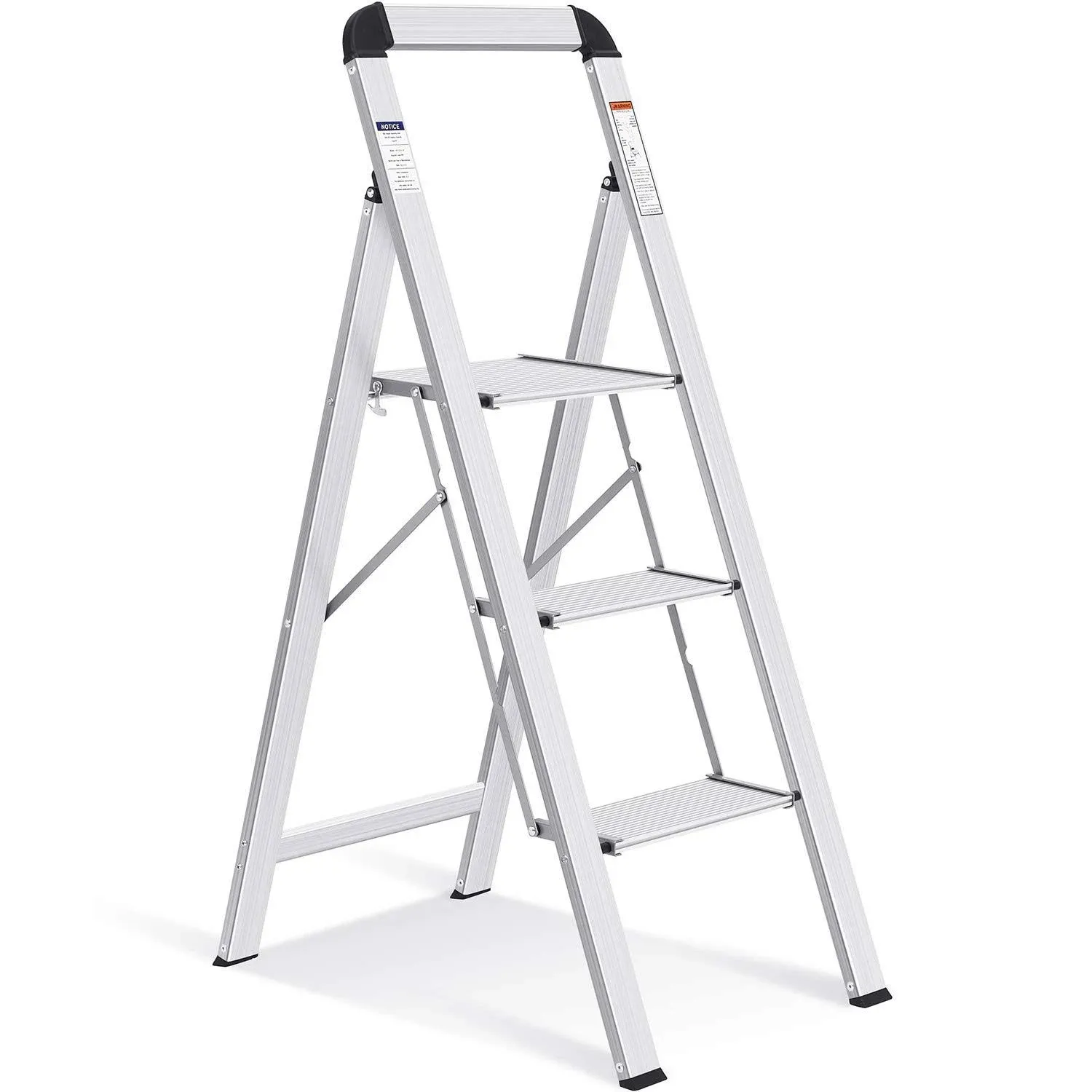 KINGRACK Aluminium 3 Step Ladder Lightweight Stool with Non-Slip Pedals Handrail Foldable for Kitchen Garage Home Space Saving at MechanicSurplus.com