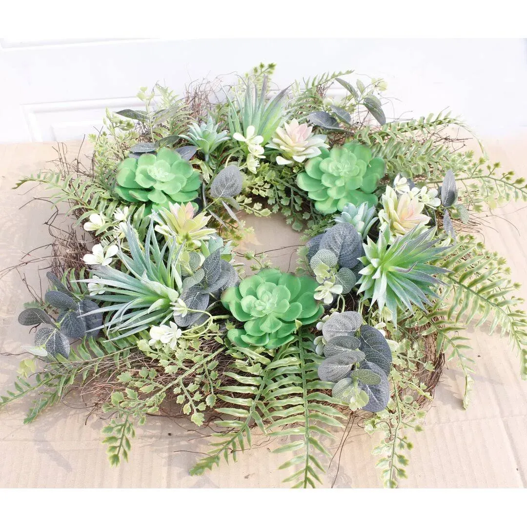 Ansuma 22 inch Artificial Succulent Wreath for Front Door, Fern Plants Wreath for ...