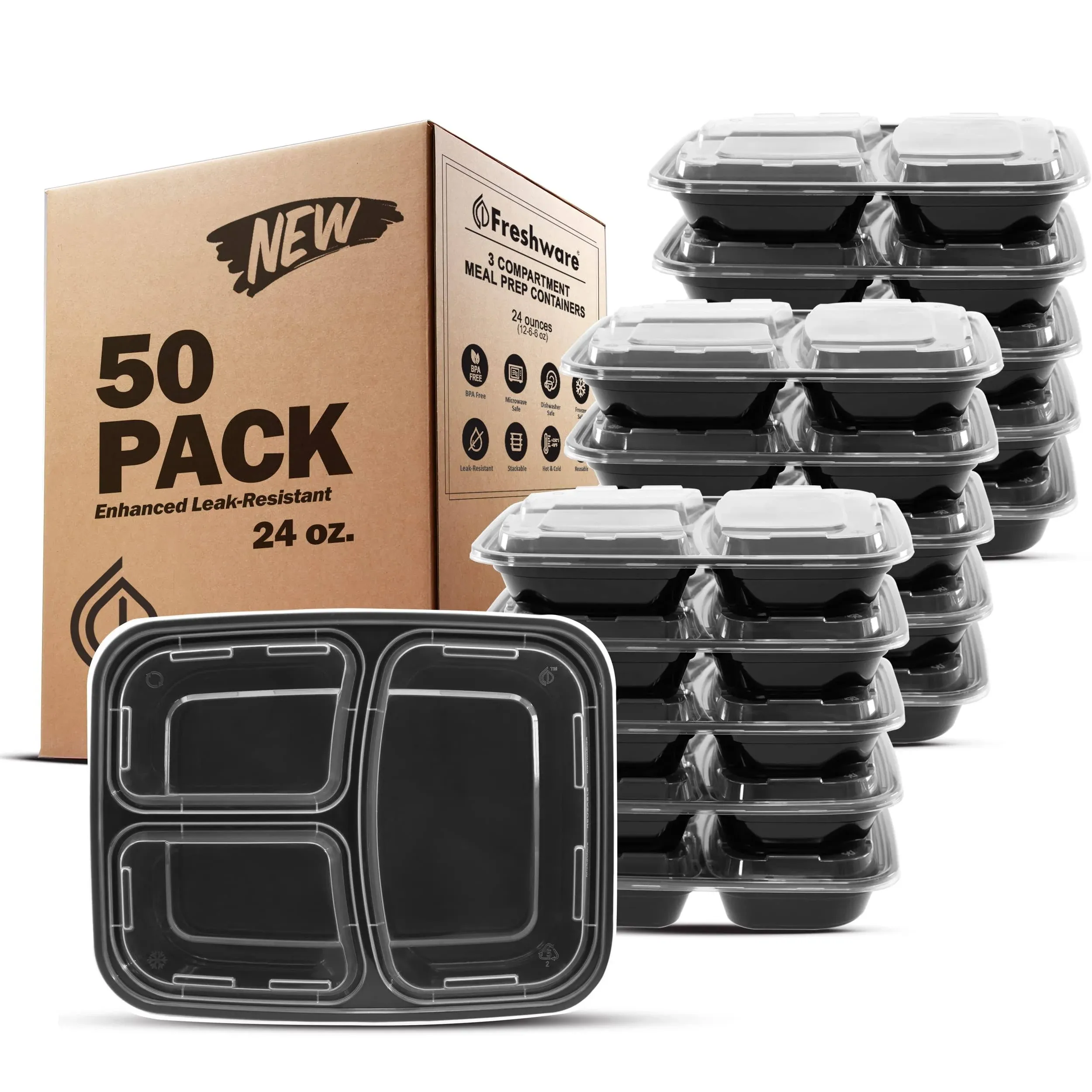 Freshware Meal Prep Containers [50 Pack] 3 Compartment Food Storage Containers with Lids, Bento Box, BPA Free, Stackable, Microwave/Dishwasher