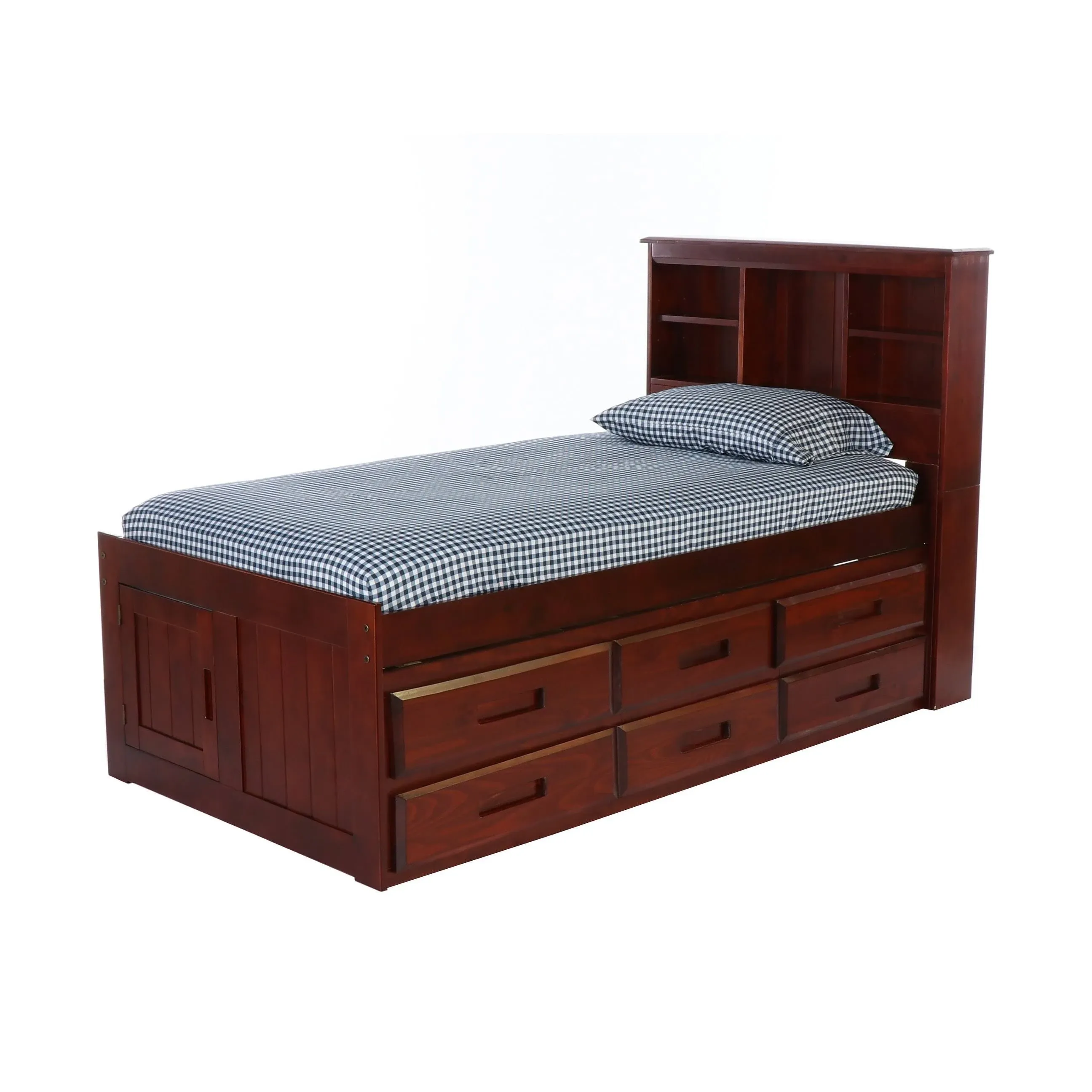 OS Home and Office Furniture Model 82820K6-22 Solid Pine Twin Captains Bookcase Bed with 6 Drawers in Rich Merlot