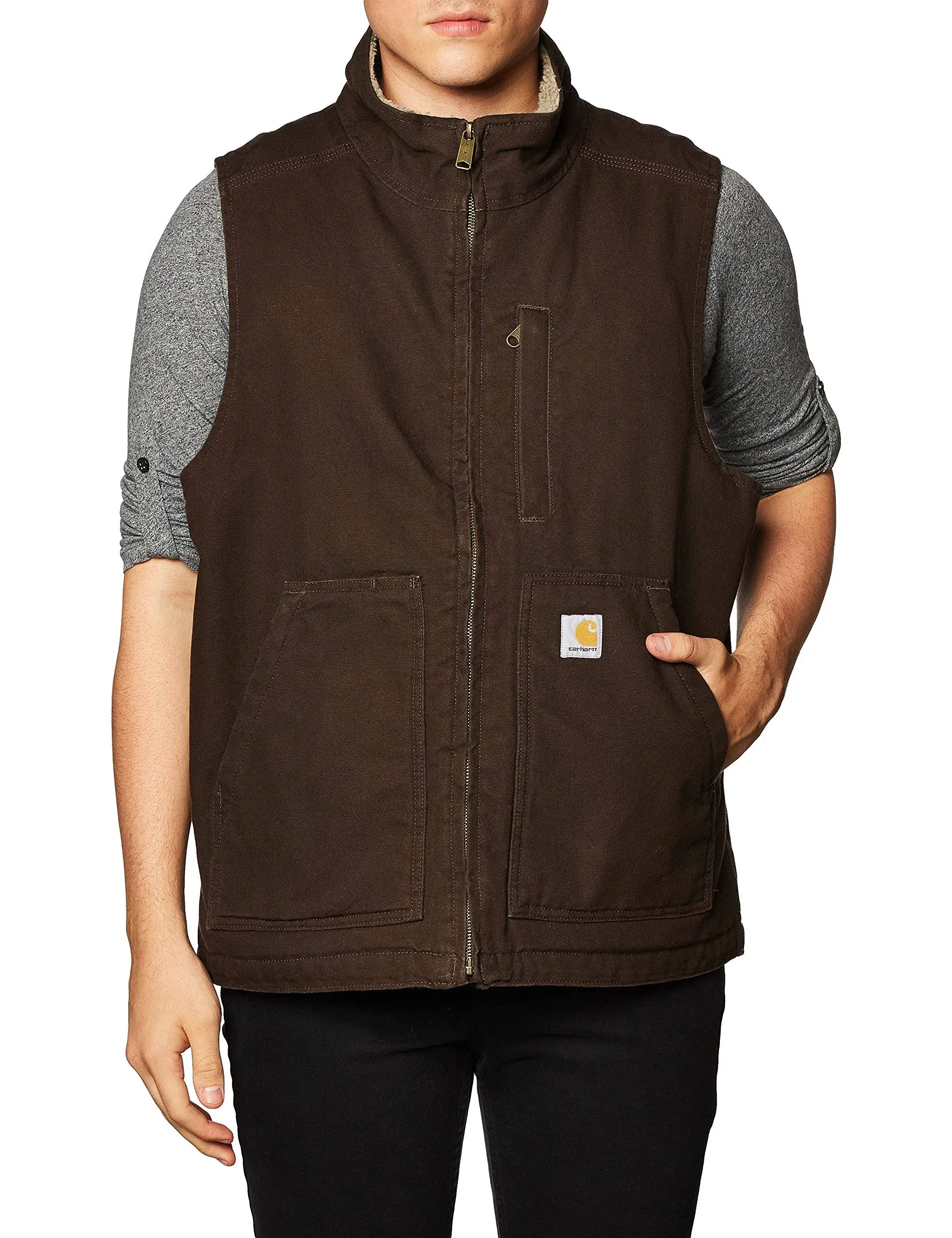 Carhartt Men's Medium Dark Brown Washed Duck Sherpa Lined Mock Neck Vest