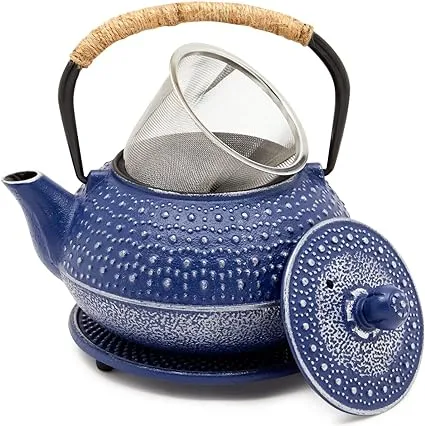 Juvale Blue Cast Iron Japanese Teapot with Handle, Infuser, and Trivet