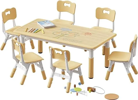 Kids Table and 6 Chairs Set, Height Adjustable Toddler Table and Chair Set, Graffiti Desktop, Children Multi-Activity Table for 6, Kids Study Table