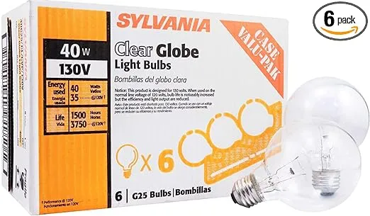 SYLVANIA Incandescent G25 Décor Globe Light Bulb, 40W, Dimmable, E26 Medium Base, Clear, 2850K, Warm White - 6 Pack (14191)