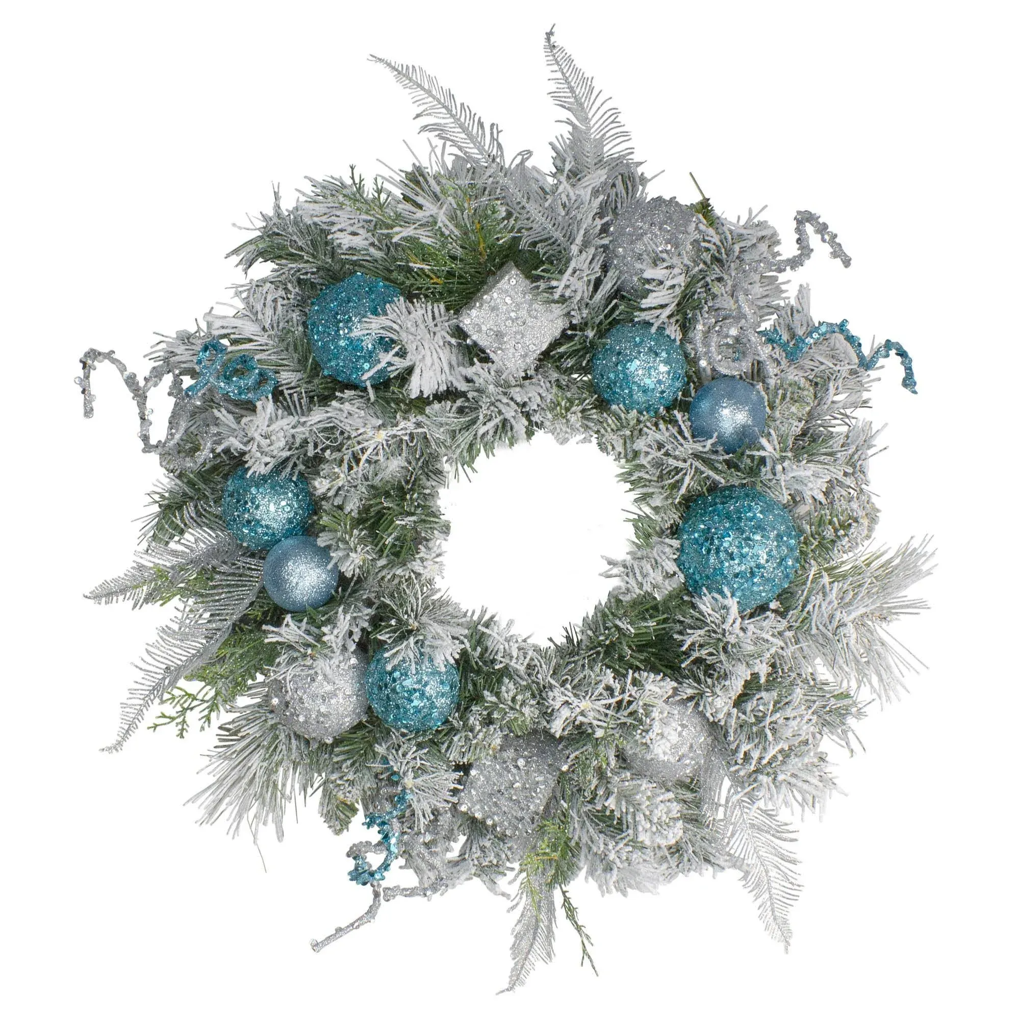 Northlight 24" Flocked Blue and Silver Sequin Ornaments Artificial Pine Christmas Wreath