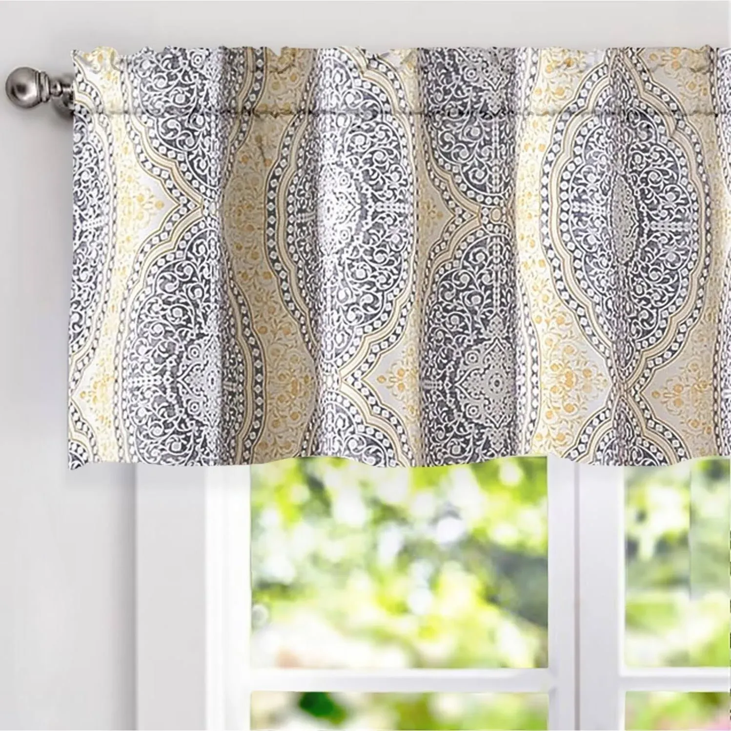 DriftAway Adrianne Damask and Floral Pattern Window Curtain Valance 52 Inch by 18 Inch Plus 2 Inch Header Yellow and Gray