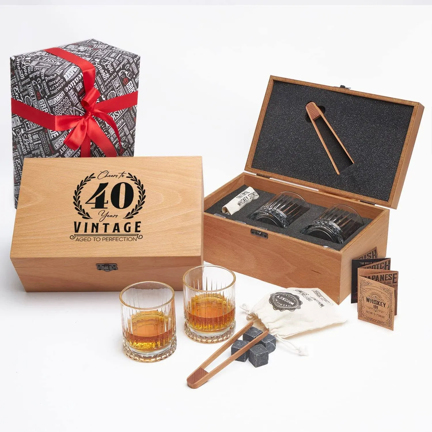 Hediye Sepeti Whiskey Glasses and Stones Gift Set, Handmade Wooden Box 2 Whisky Glasses Whiskey Stones Bourbon Gifts for Whiskey Lovers, Whiskey Accessories Gift Set, 2 Glasses (50th)