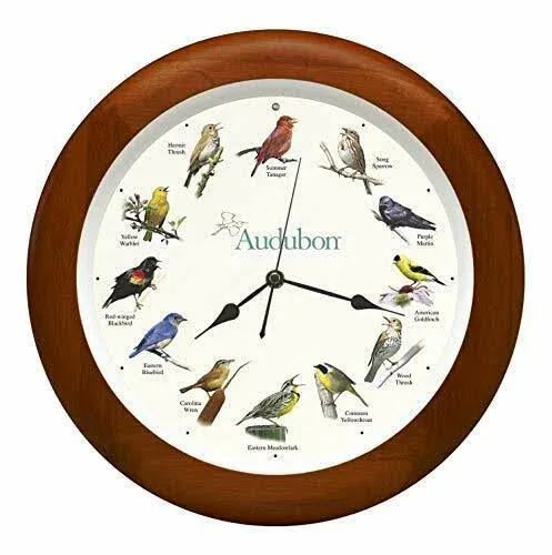 Mark Feldstein Audubon Singing Bird Wall Clock, Cherry Finish Wood Frame 13 inch