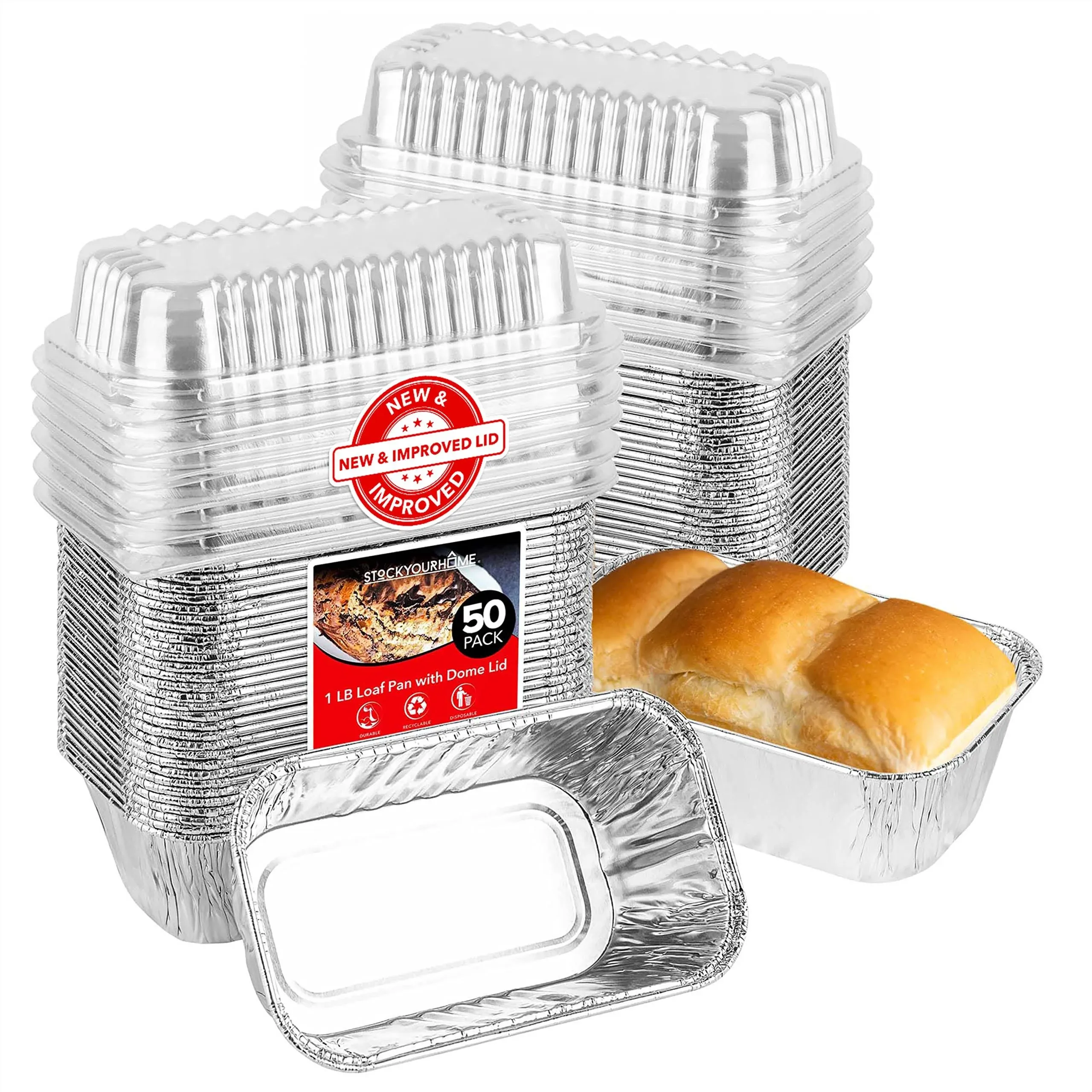  Disposable Aluminum Mini Loaf Pans with Lids, 1 lb (50 Pack) New &amp; Improved 