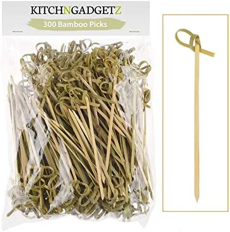 Bamboo Cocktail Picks - 300 Pack - 4.1 inch - With Looped Knot - Great for Cocktail Party or Barbeque Snacks, Club Sandwiches, etc. - Natural Bamboo - Keeps Ingredients Pinned Together - Stylish