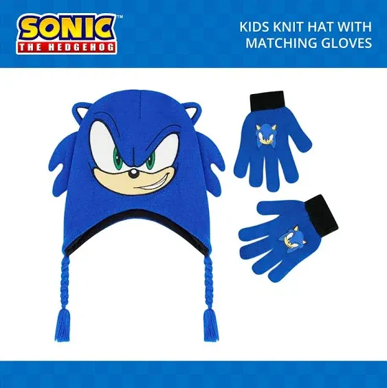 Concept One Sonic The Hedgehog Beanie Hat and Glove Set, Kids Knitted Winter Hat and Gloves