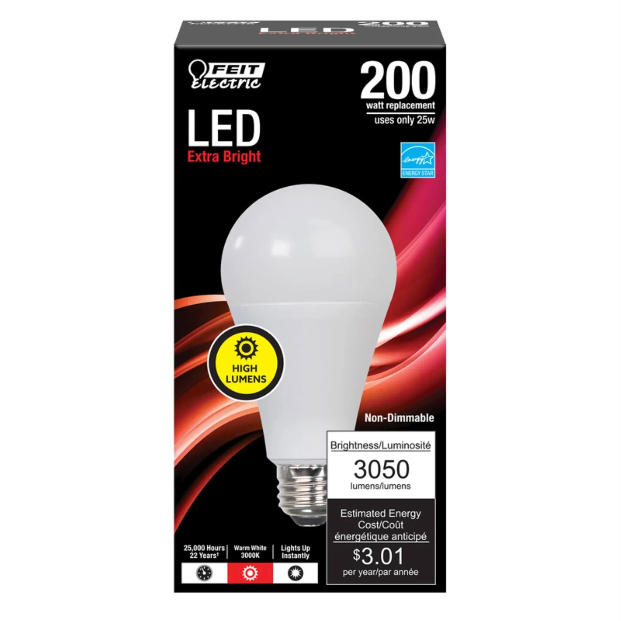 Feit Electric 200W Equivalent LED Light Bulb, A21 Led Bulb, Non Dimmable, 3050 Lumens, 3000k Bright White, 22 Year Lifetime E26 Base, Bright High Output LED Bulb, OM200/830/LEDFeit Electric 200W Equivalent LED Light Bulb, A21 Led Bul…