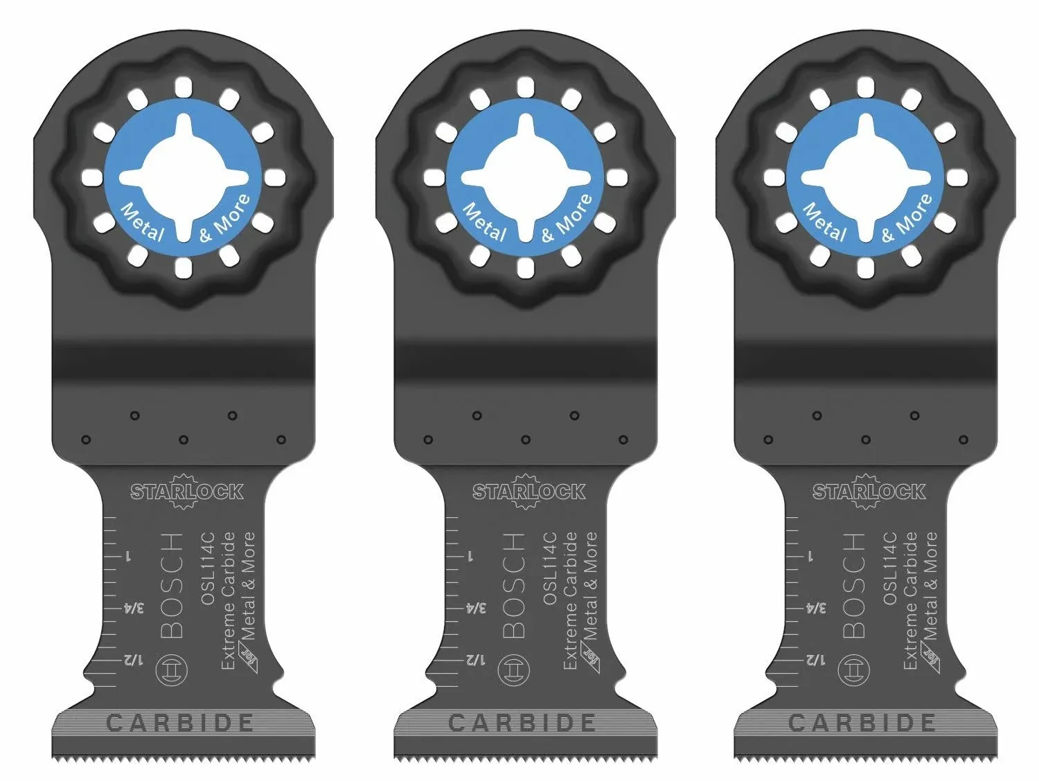 BOSCH OSL114C-3 3-Pack 1-1/4 In. Starlock Oscillating Multi Tool Metal & More Carbide Extreme Plunge Cut Blades for Cutting Iron Bar, Metal, Wood with Nails, Drywall and Tile