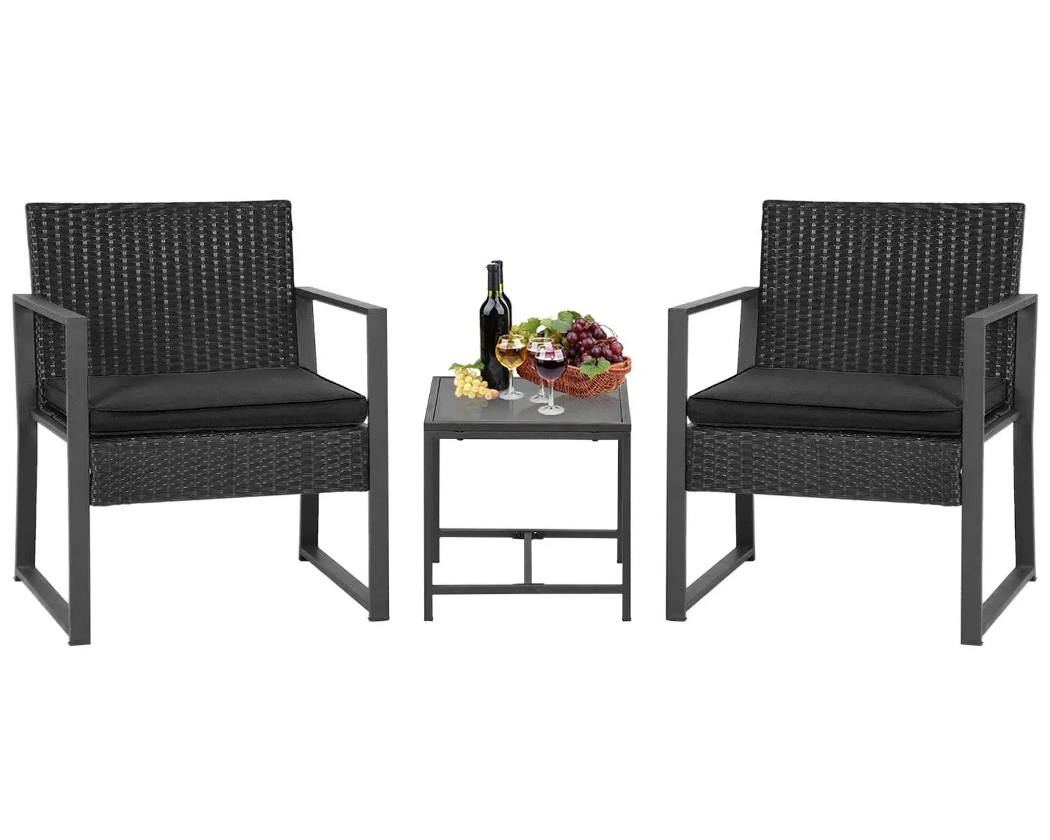 FDW Wicker Patio Chairs Rattan Bistro Set Outdoor Furniture for Backyard Porch Poolside Lawn Cushion Black and Black