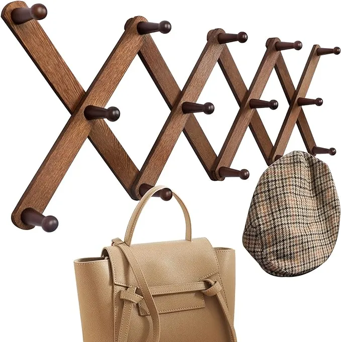 OROPY Wood Accordion Wall Hanger, Expandable Coat Rack 14 Pegs, Walnut Color 