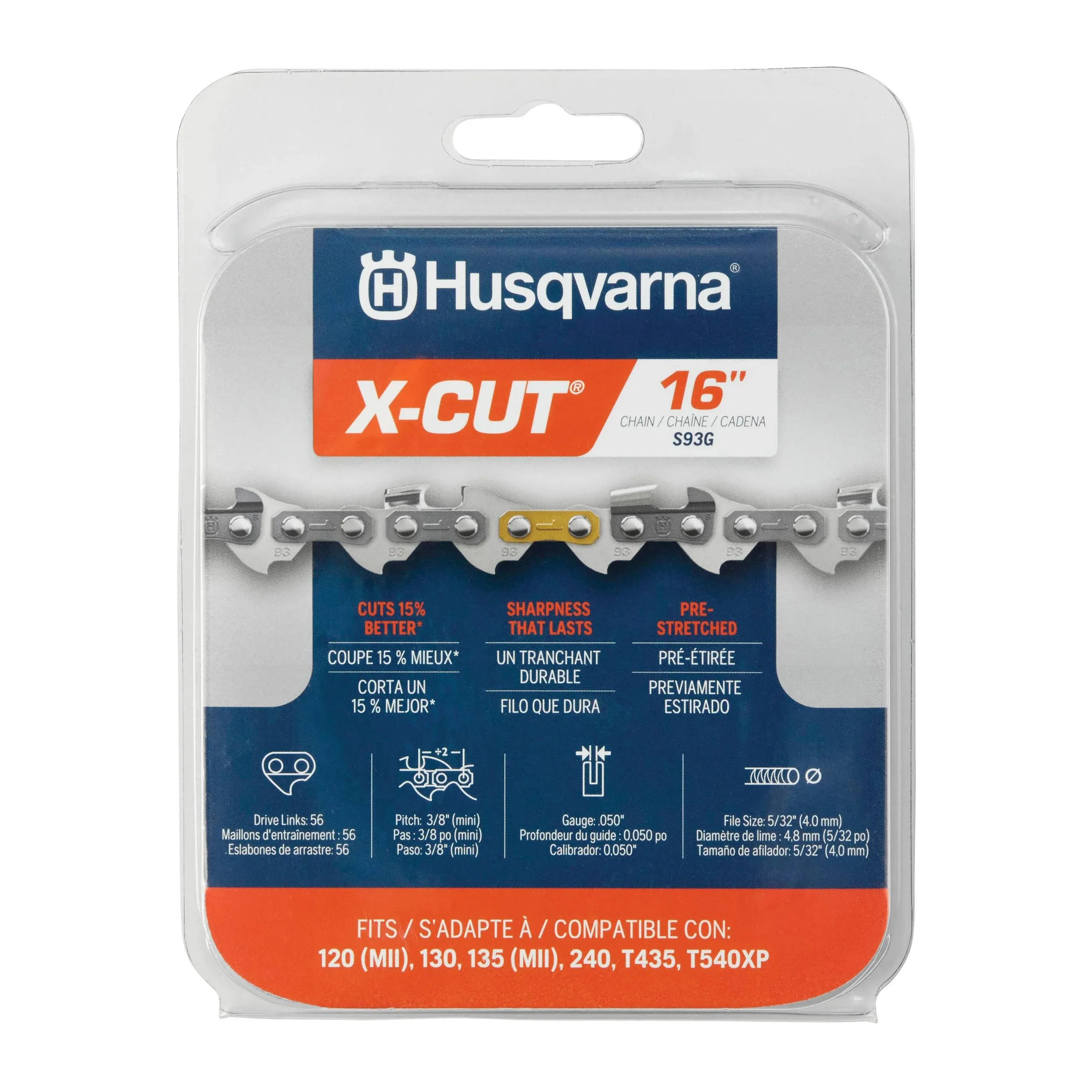 Husqvarna 597469556 S93G 16 in X-Cut Chainsaw Chain - 3/8 in Mini-Pitc