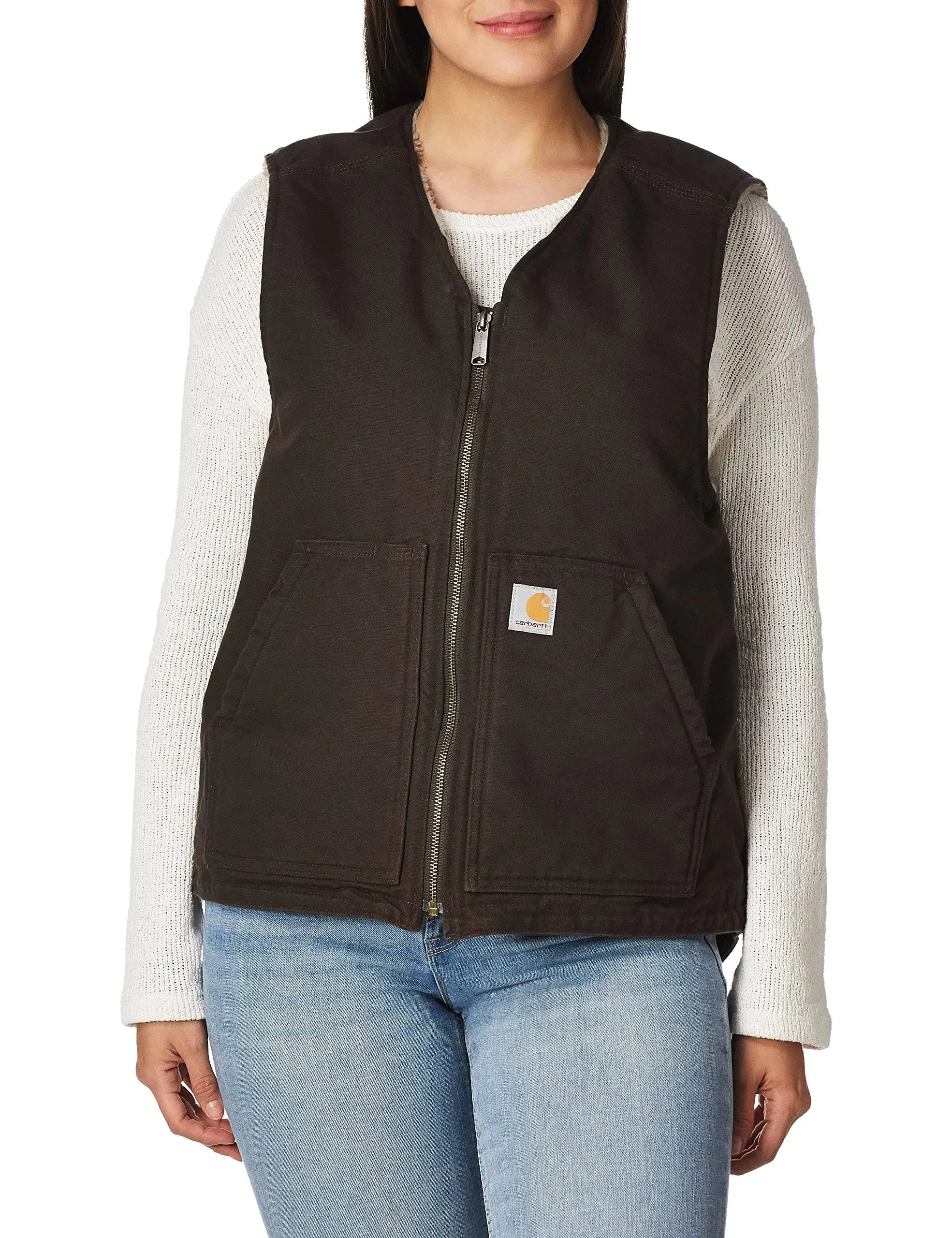 Carhartt Vests: Men's 104394 DKB Dark Brown Relaxed Fit Washed Duck Sherpa-Lined Vest