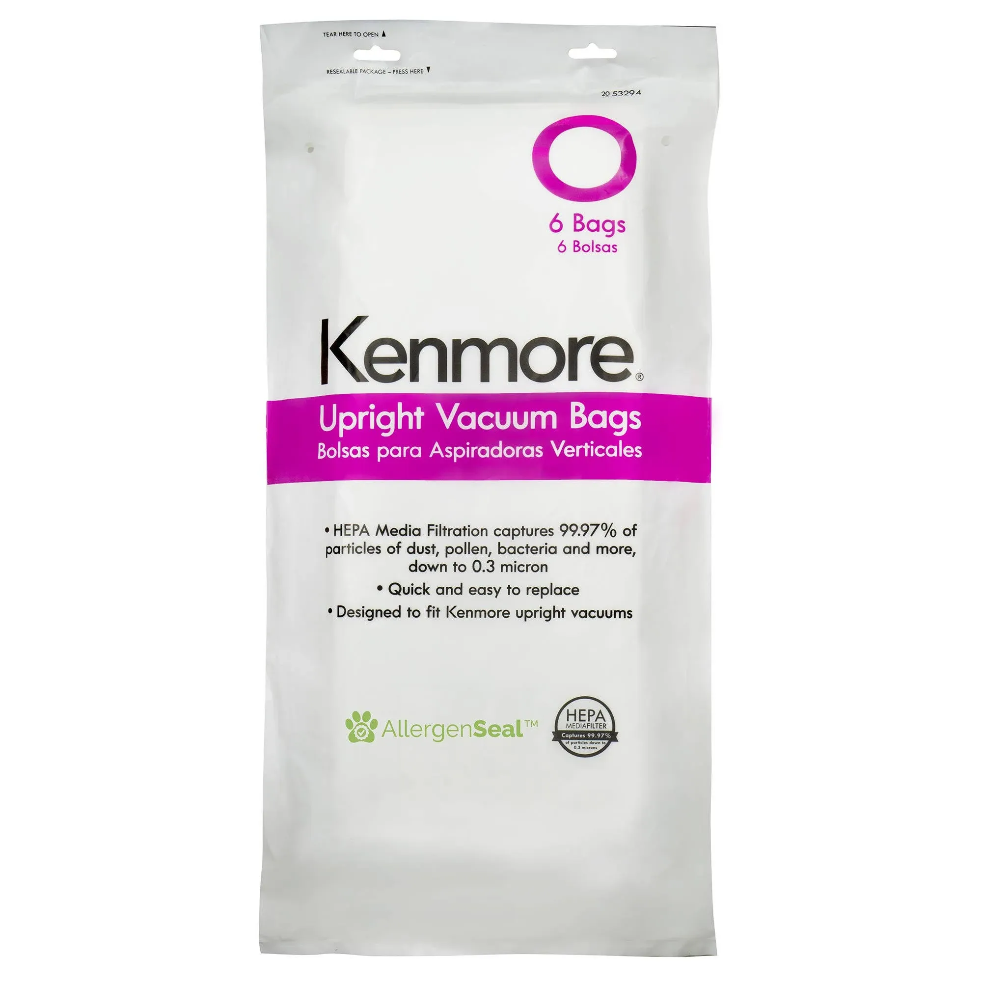 Kenmore 53294 6 Pack Type O HEPA Vacuum Bags for Upright Vacuums