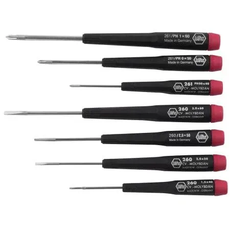 Wiha 7-Piece Precision Screwdriver Set, 4 slotted, 3 Phillips, Steel Alloy Blade 26190