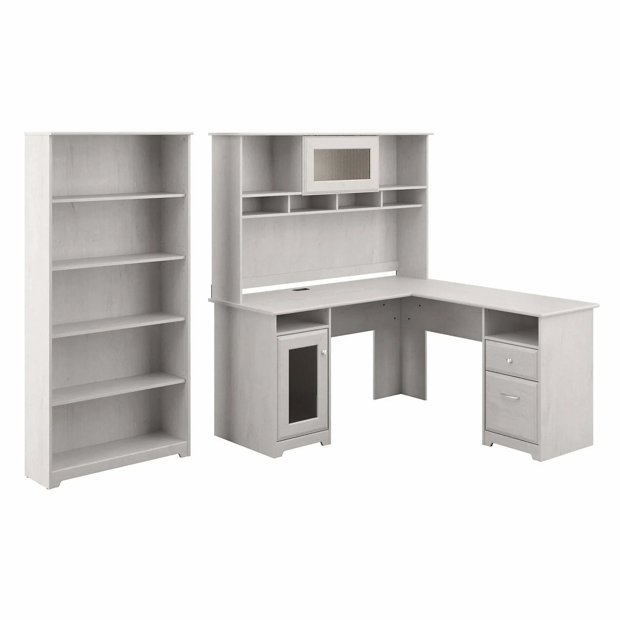 Bush Furniture Cabot L Shaped Desk with Hutch &amp; Bookcase in Linen White Oak