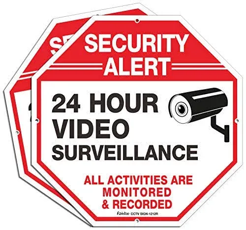 Video Surveillance Signs (2 Pack) 12 x 12 Rust Free .040 Aluminum Security Warning Reflective Metal Signs, Indoor or Outdoor Use for Home Business CCTV Security Camera, UV Protected & Waterproof