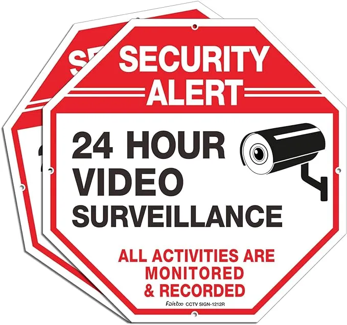 2 Pack 13x13 Inch Security Camera Sign 24HR Video Surveillance Octagon Shape