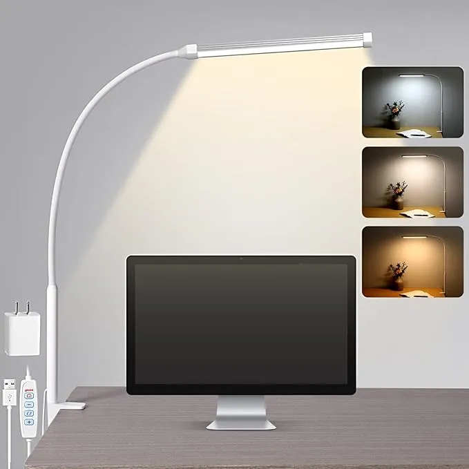 Voncerus LED Desk Lamp with Clamp, Eye-Caring Clip On Lights for Home Office, 3 Modes 10 Brightness, Long Flexible Gooseneck,Met