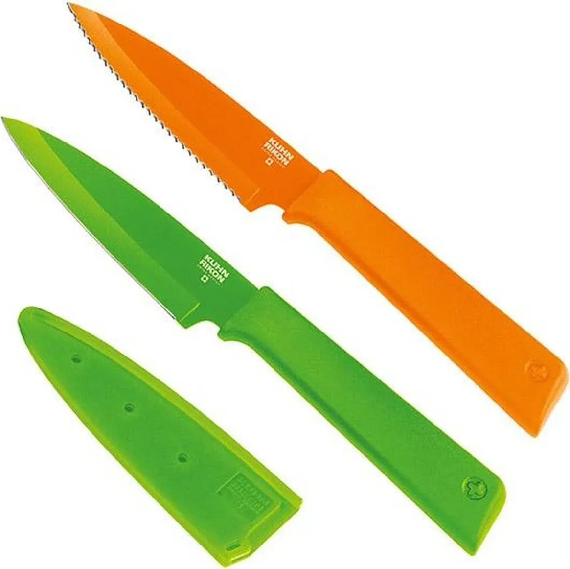 Kuhn Rikon COLORI+ Non-Stick Straight and Serrated Paring Knives with Safety Sheaths, Set of 2, Orange and Green