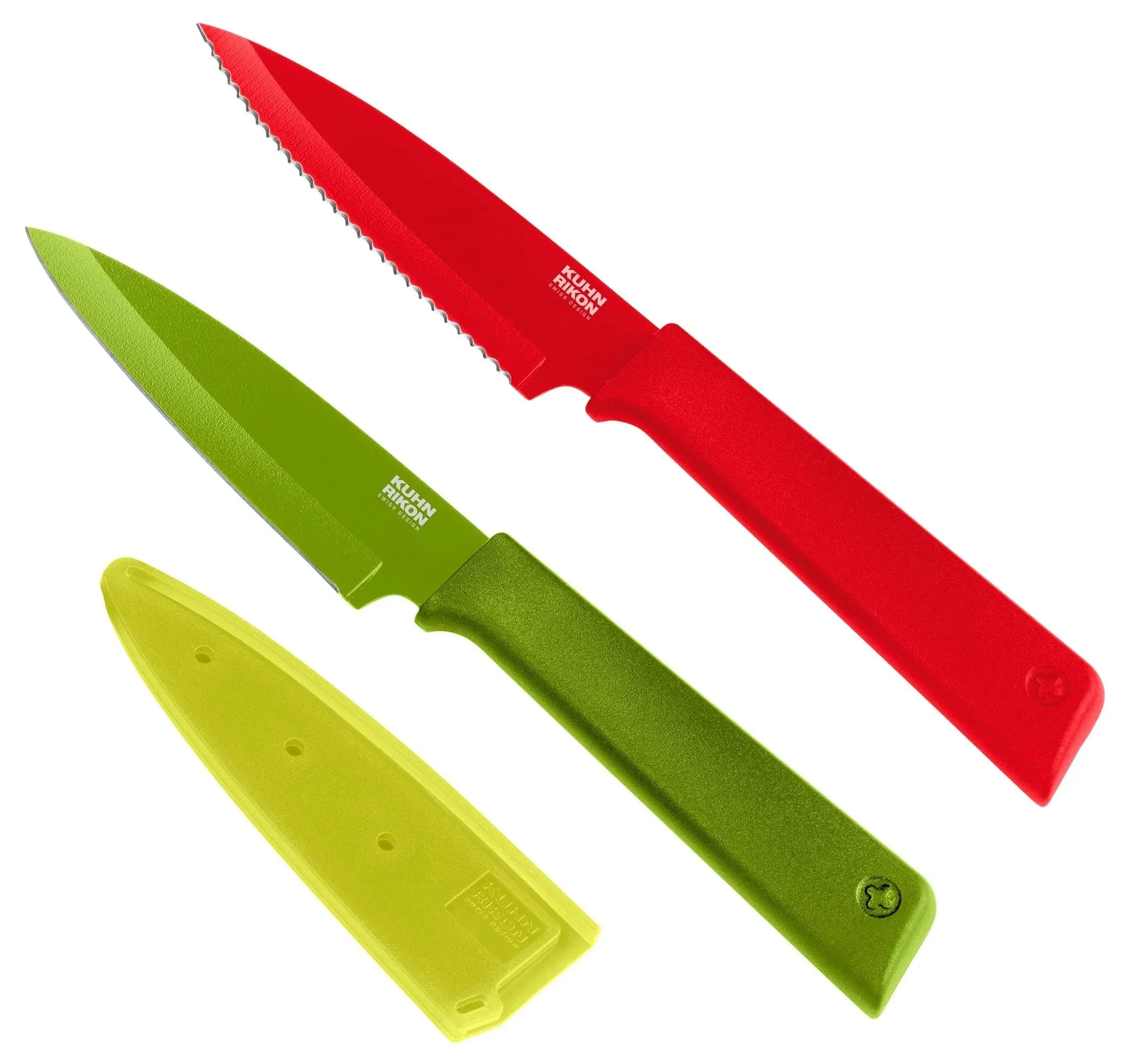 Kuhn Rikon Colori+ Non-Stick Straight and Serrated Paring Knives with Safety Sheaths, Set of 2, Red and Green