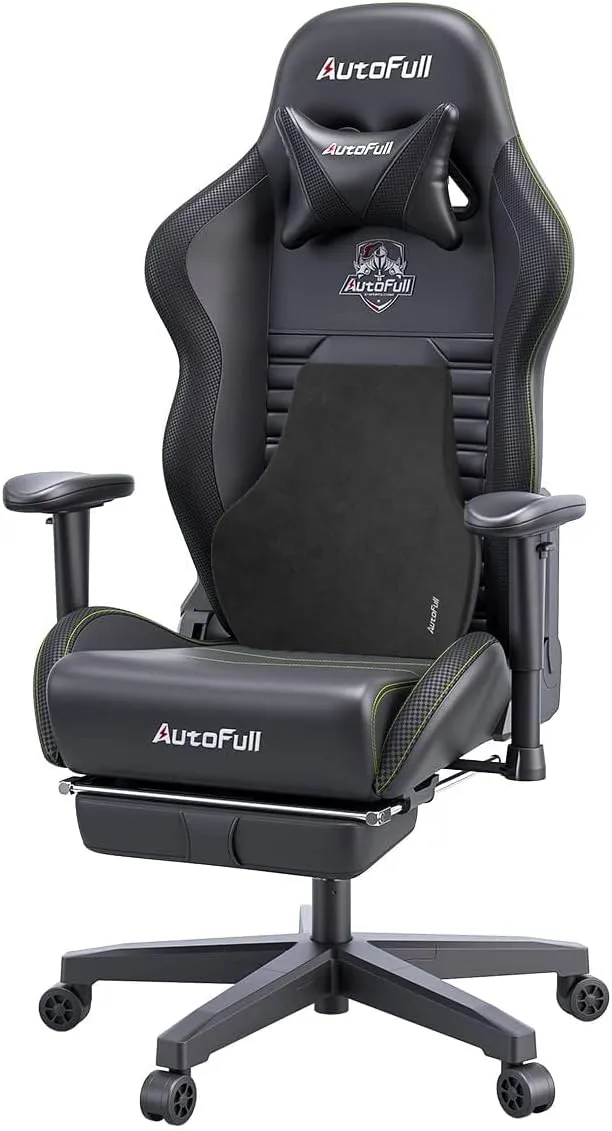 AutoFull Gaming-Stuhl, PC-Stuhl mit ergonomischer Lendenwirbelstütze, Renn-Stil, PU-Leder, hohe Rückenlehne, verstellbarer Drehstuhl mit Fußstütze (schwarz)