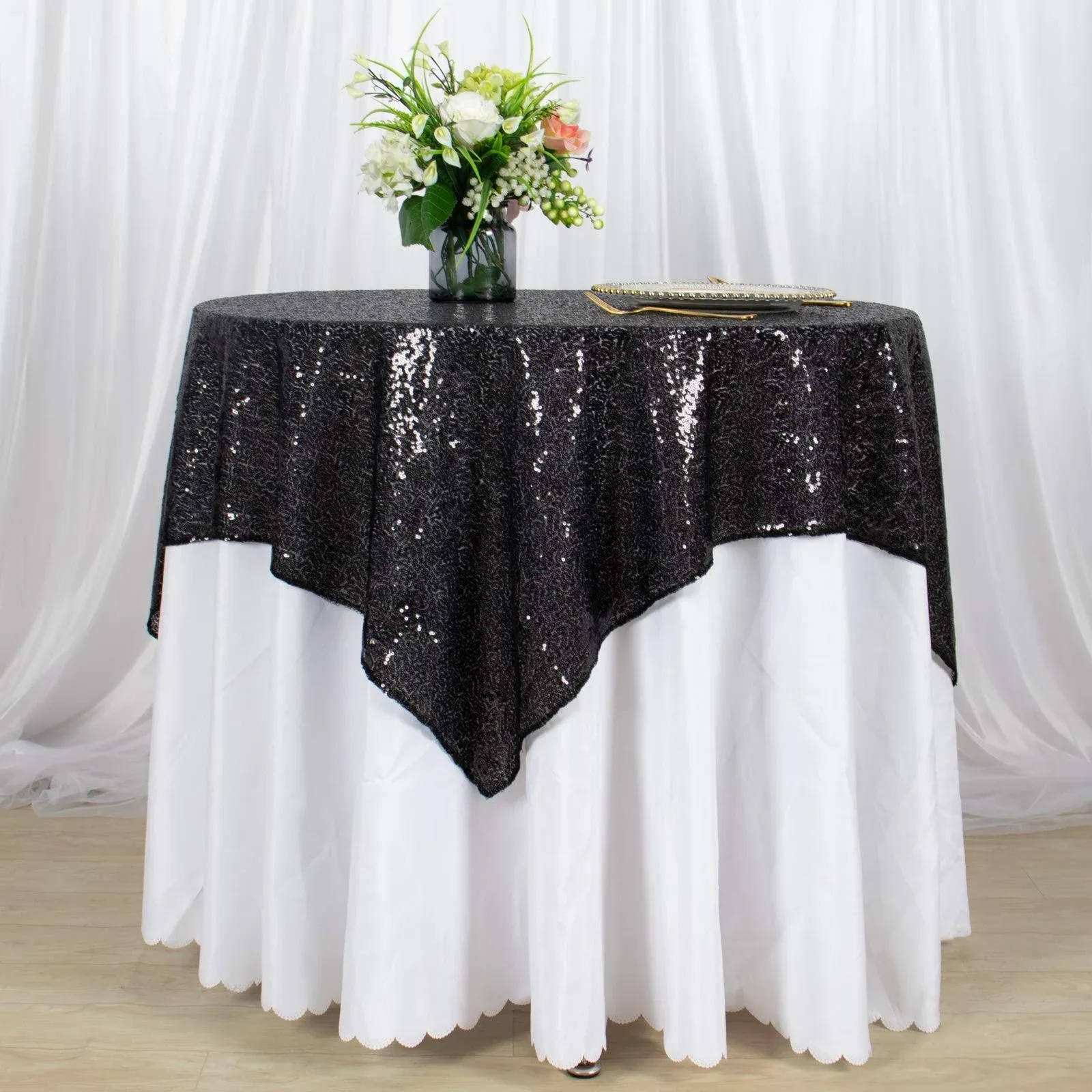 Sequin Tablecloth Square 50x50 Black Table Overlay Glitter Table Cloths for P...