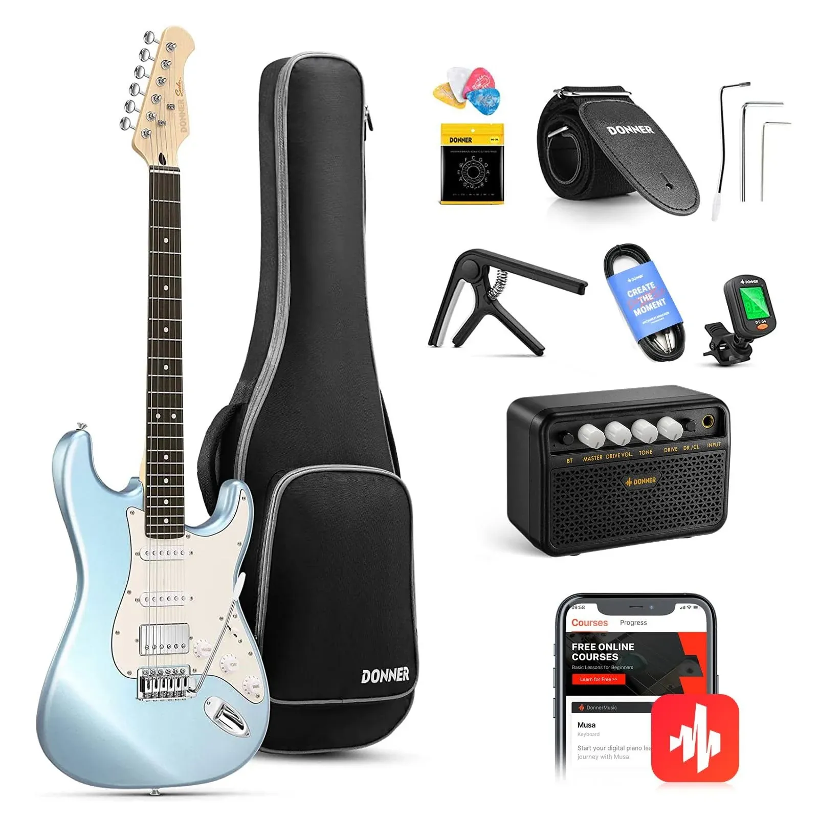 Donner DST-152 39" Electric Guitar Beginner Kit HSS Pickup with Amp