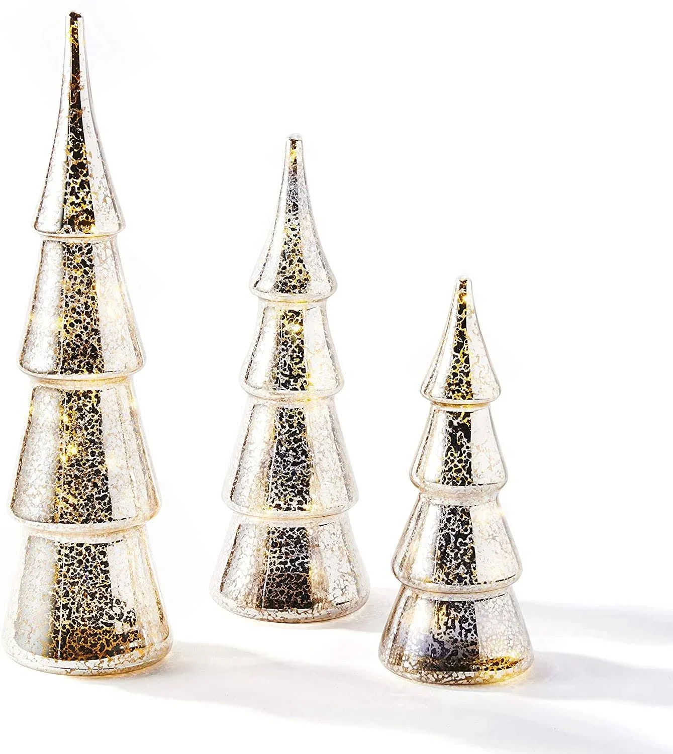 LampLust Mercury Glass Christmas Tree Decoration Set of 3 Assorted Trees with Fairy Lights