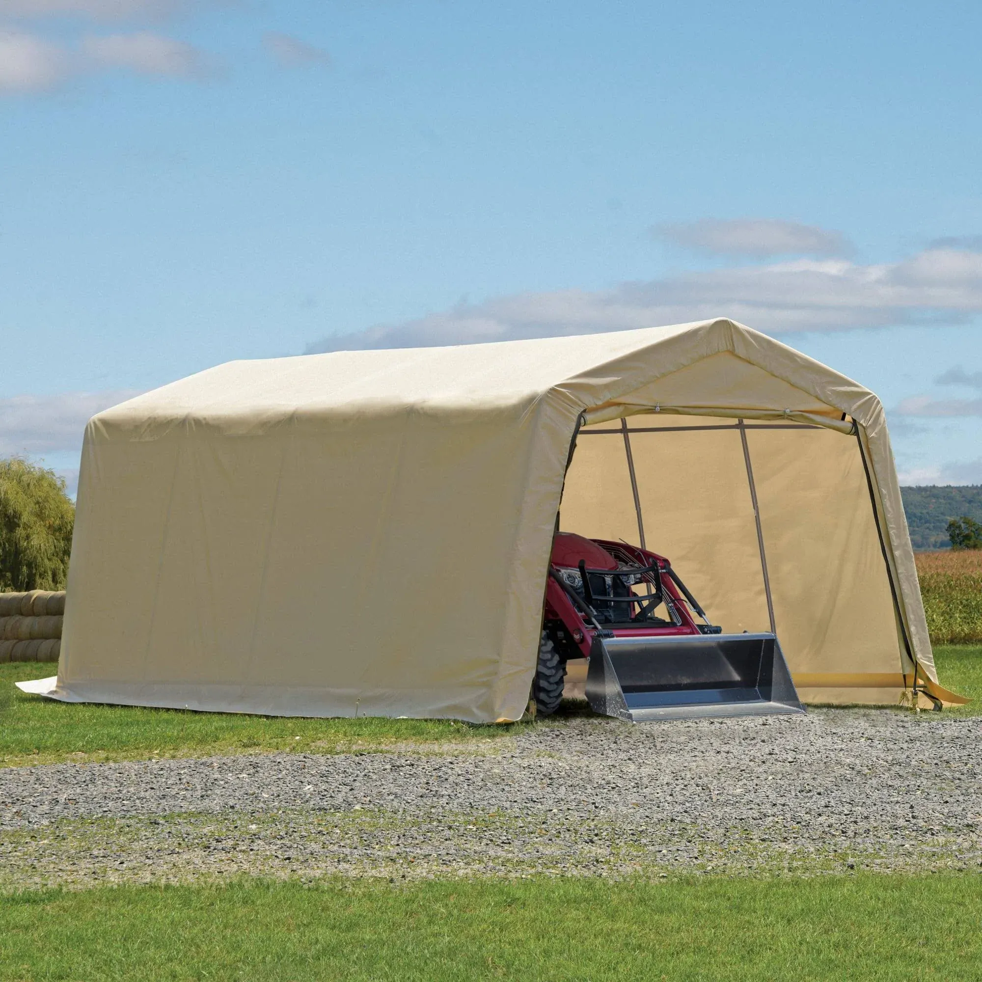 10 x 20 ft. Heavy Duty All-Season Carport Canopy and Portable Garage Shelter with Steel Frame and Waterproof UV Cover and Zippered Roll-Up Doors for Cars, Trucks, and SUVs Beige Tan