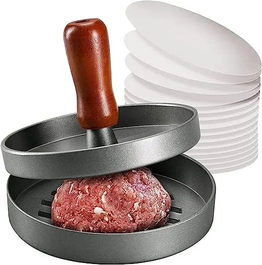 PIQUEBAR Burger Press Patty Maker Stainless Steel Hamburger Mold Non-Stick with 100 Patty Papers