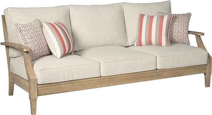 Signature Design by Ashley Clare View Coastal Outdoor Patio Eucalyptus Sofa with Cushions, Beige