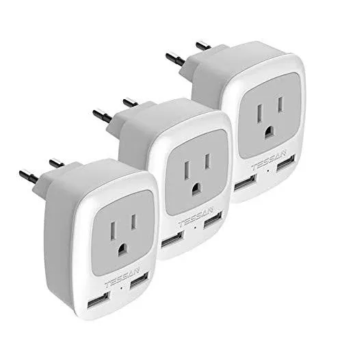 TESSAN European Power Adaptor 2 USB European Travel Plug Adapter 3 Pack