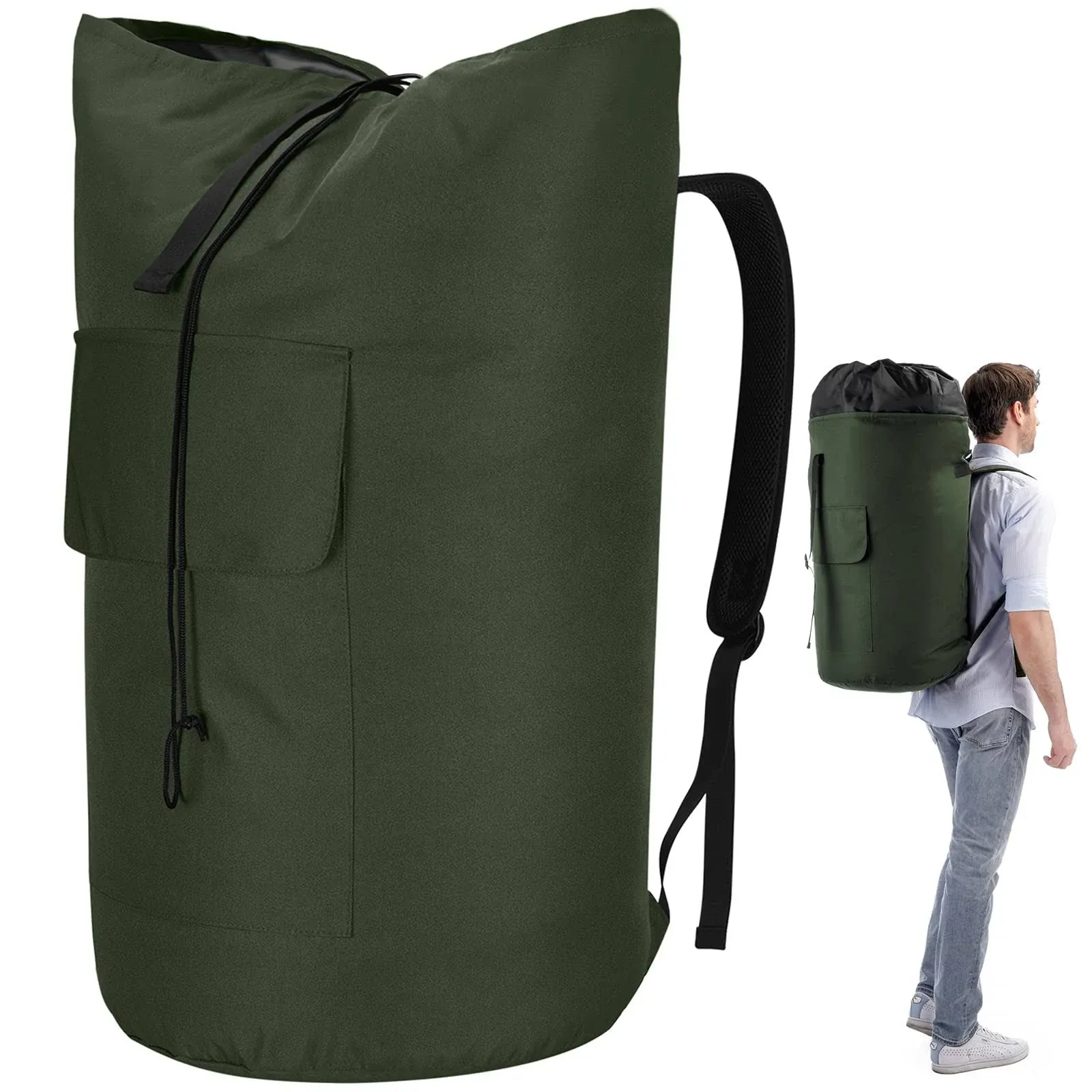 Ãzhido Laundry Bag Extra Large Heavy Duty, 115L Laundry Backpack Bag, Sturdy Laundry Bag with Straps, Army Green Laundry Bag for College, Top Loading