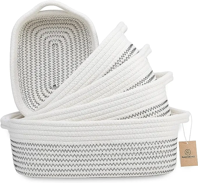 5-Piece Rectangle Storage Basket Set Natural Cotton Rope Woven Baskets Best Use