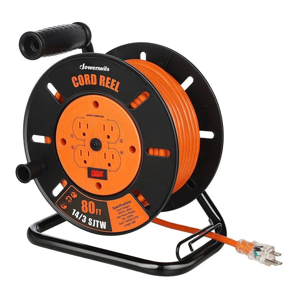 DEWENWILS Retractable Extension Cord Reel, 80FT Heavy Duty Open Cord Reel for Indoor Outdoor, 14/3 AWG SJTW, 4 Grounded Outlets, 13 Amp Circuit Breaker,Handle Rewind, Metal Stand, ETL Listed