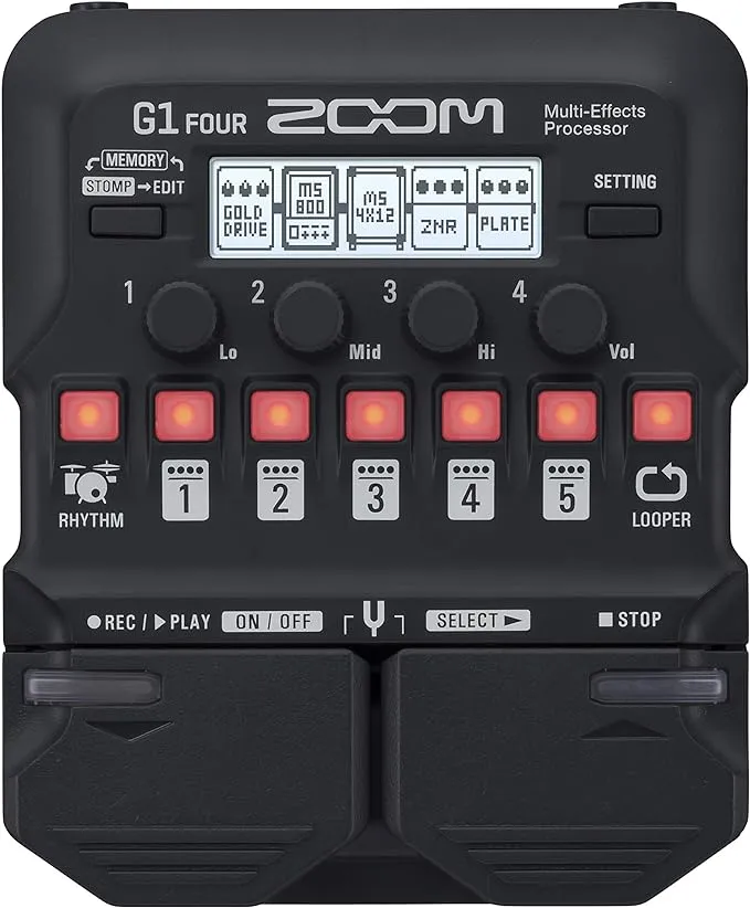 Zoom G1 FOUR Guitar Multi-Effects Processor Pedal, With 60+ Built-in effects, Amp Modeling, Looper, Rhythm Section, Tuner, Battery Powered