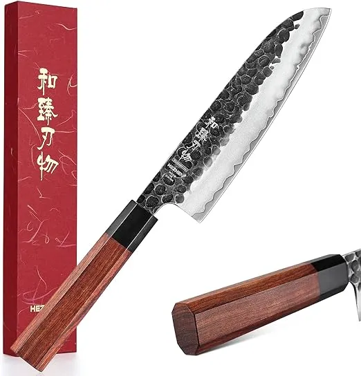 HEZHEN 7.3” Santoku Knife,Clad Steel Chef Knife, Forged Japanese Style Gyuto Knife, Wooden Octagonal Handle