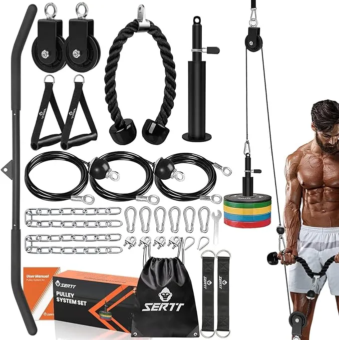 SERTT Home Gym Pulley System, Tricep Workout Pulley System for LAT Pulldown, Biceps Curl, Triceps, Shoulders, Back, Forearm Workout, Weight Cable Pulley System for Squat Rack, Garage