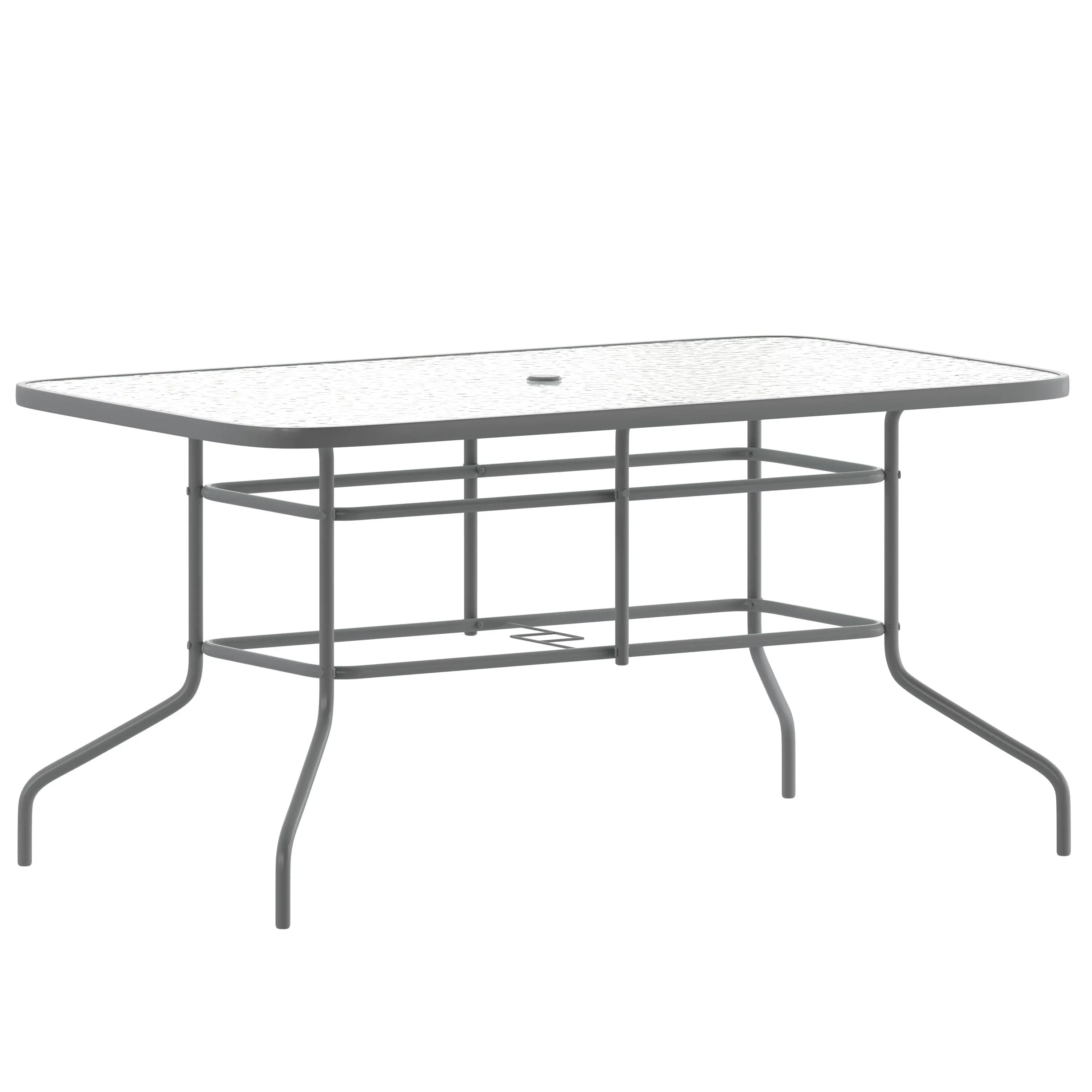 Flash Furniture Tory 31.5" x 55" Rectangular Tempered Glass Metal Table with Umbrella Hole, Silver