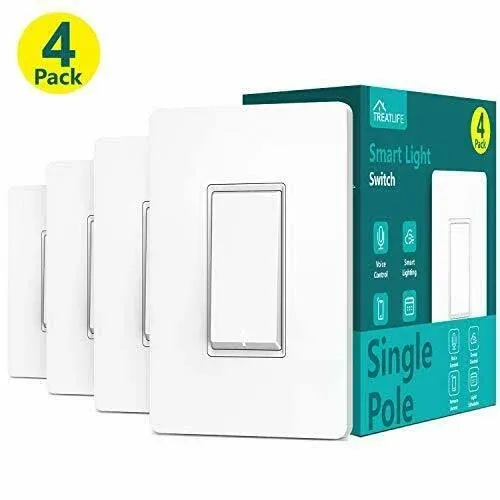 TREATLIFE Smart Light Switch 4 Pack, Single Pole 2.4GHz WiFi Smart Switch Works with Alexa, Google Home and SmartThings, Neutral Wire Required, No Hub Required